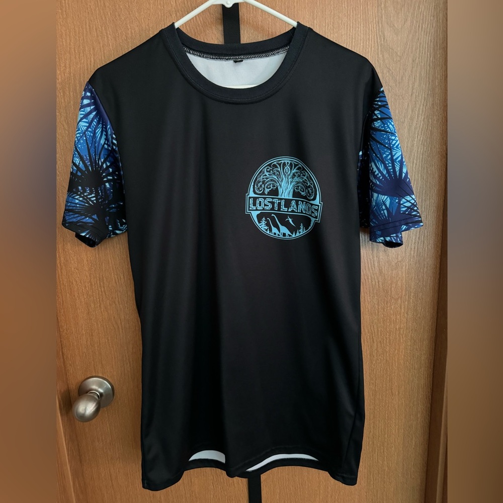 Men's Black Short Sleeve Tee with Blue Graphic Sleeves